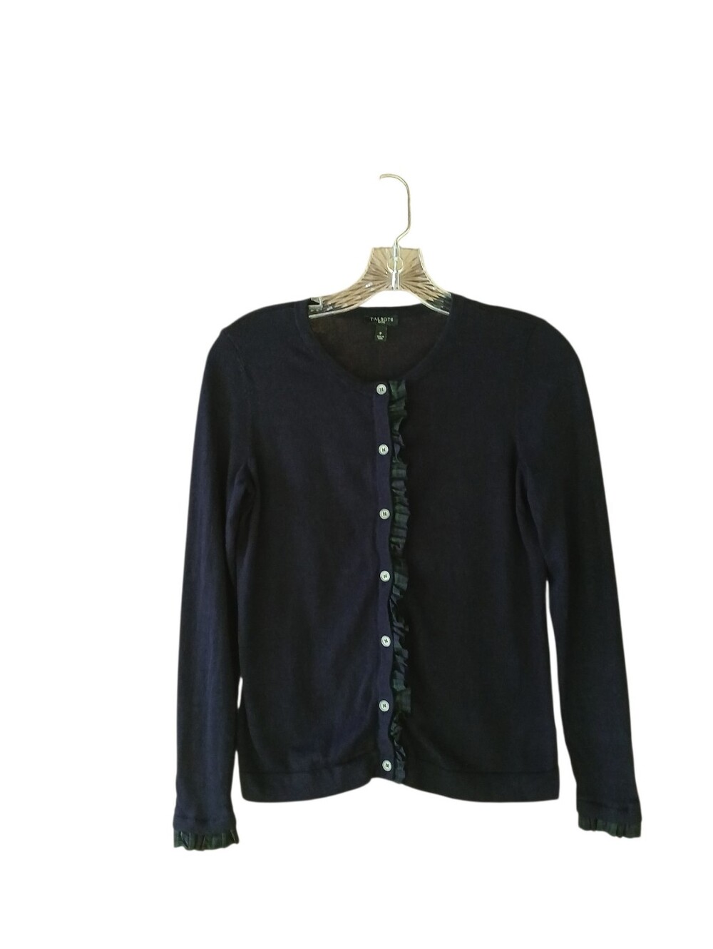 Talbots Navy Ruffle Trimmed Cardigan Size P